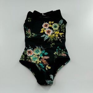 Chelsea B Dance Bodysuit – Child XS, Black w/ Floral Print, Mesh Neckline & Open
